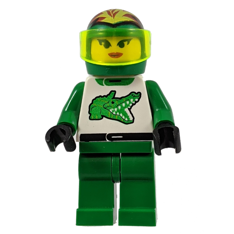LEGO Racer, Woman, Green and White Outfit with Crocodile, Green Helmet with Flames and Visor (fig-008650)