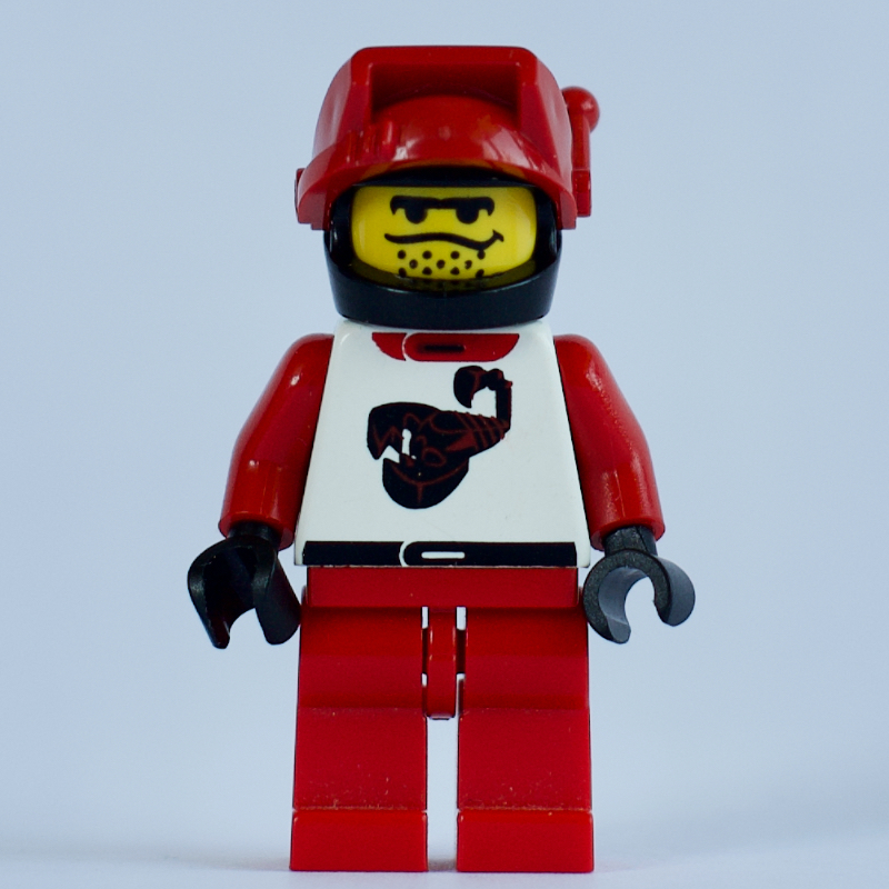 LEGO Racer, Red and White Outfit with Scorpion, Black Helmet with Visor with Antenna (fig-008651)