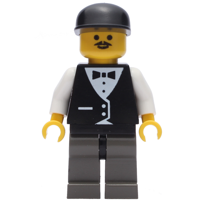 LEGO Man, Black Vest over White Shirt with Tie, Dark Gray Legs, Black Cap, Moustache (fig-008652)