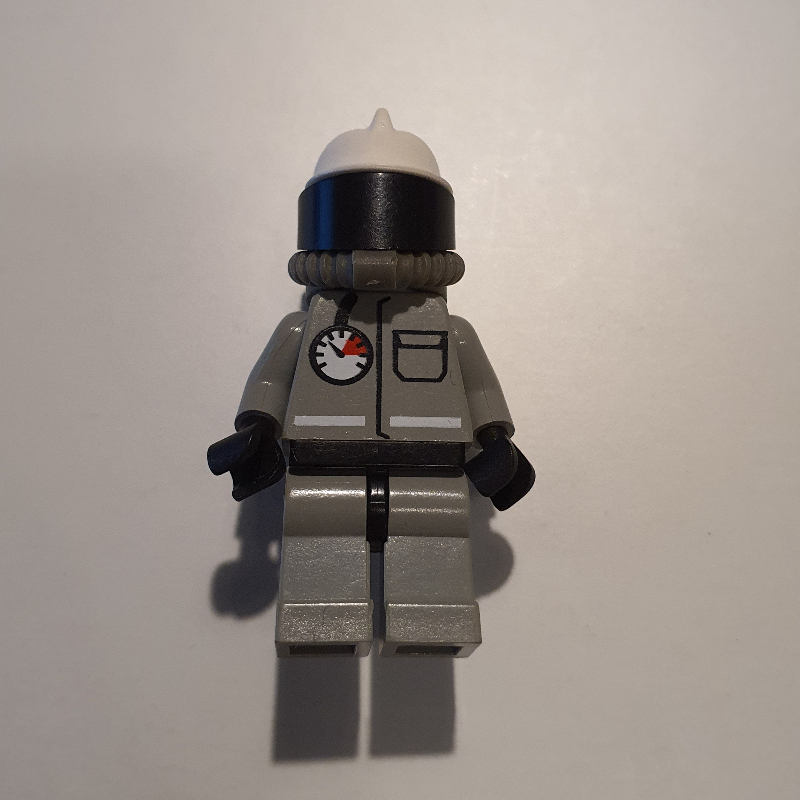 LEGO Fireman, Light Gray Fire Suit with Gauge and Pocket, White Helmet with Visor, Breathing Apparatus, Airtanks, Moustache (fig-008656)