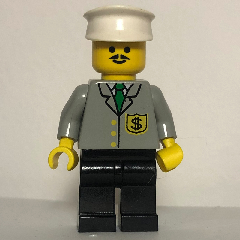 LEGO Banker, Light Gray Jacket with Badge and Tie, Black Legs, White Hat, Moustache (fig-008663)