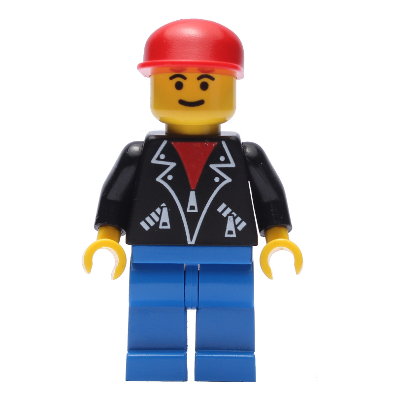 LEGO Man, Open Black Jacket over Red Shirt, Blue Legs, Red Cap (fig-008664)
