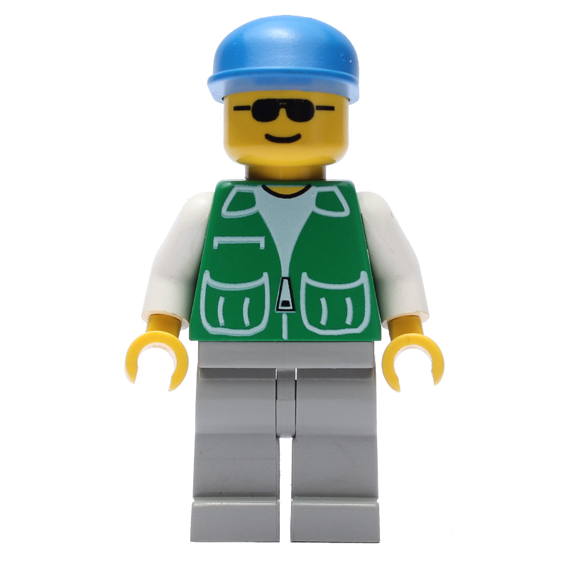 LEGO Man, Green Jacket, Light Gray Legs, Blue Cap, Sunglasses (fig-008665)