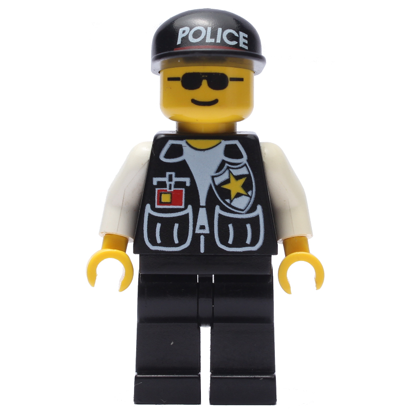 LEGO Policeman, Black Vest with Badge and Pockets, Black Cap with 'POLICE', Sunglasses (fig-008666)