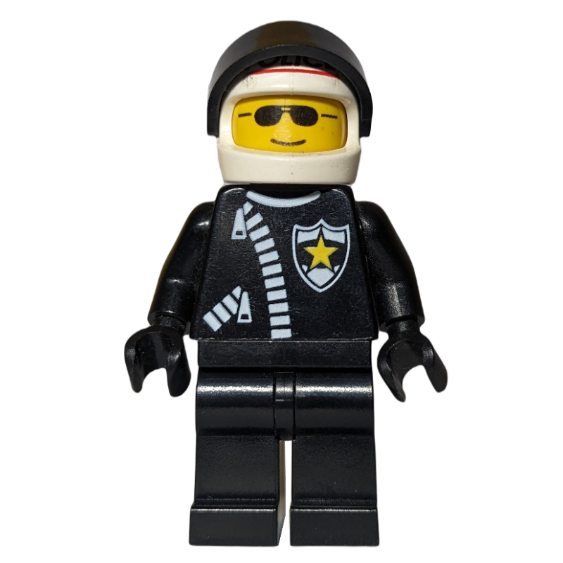 LEGO Policeman, Black Jacket with Zipper and Badge, White Helmet with 'POLICE' and Black Visor, Sunglasses (fig-008667)