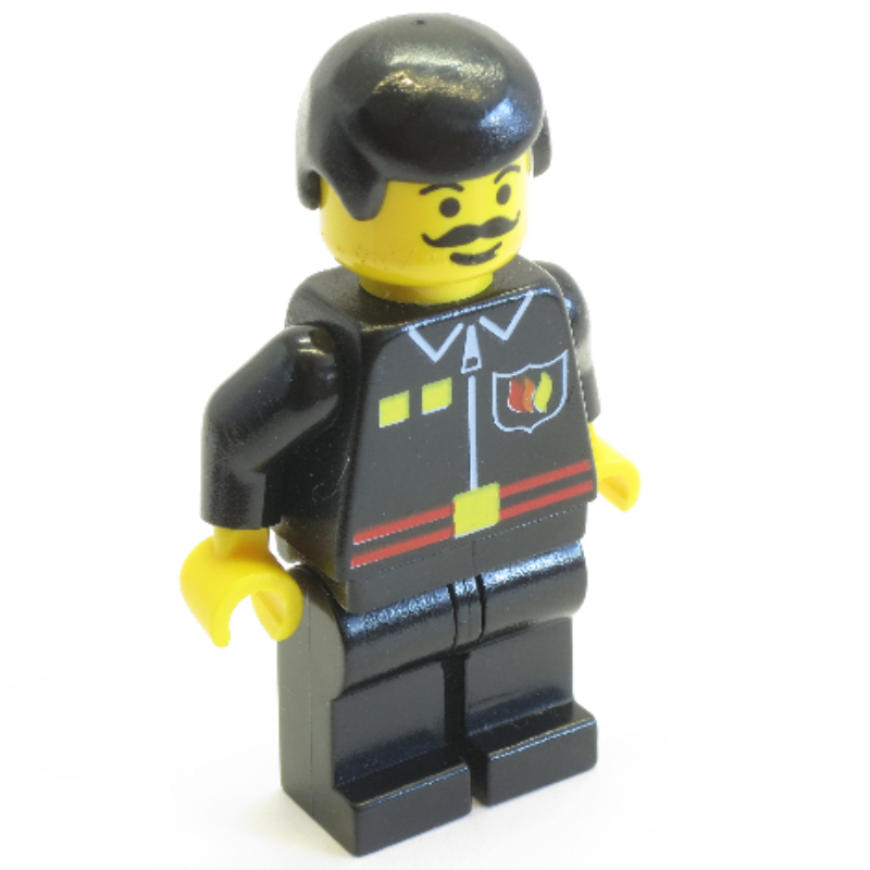 LEGO Fireman, Black Fire Jacket with Red Belt and Badge, Black Hair, Moustache (fig-008669)