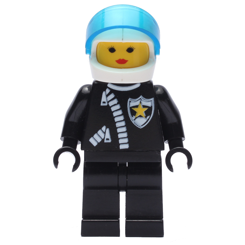LEGO Policewoman, Black Jacket with Zipper and Badge, White Helmet with Trans-Dark Blue Visor (fig-008670)