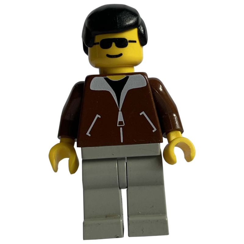 LEGO Man, Brown Jacket, Light Gray Legs, Black Hair, Sunglasses (fig-008671)