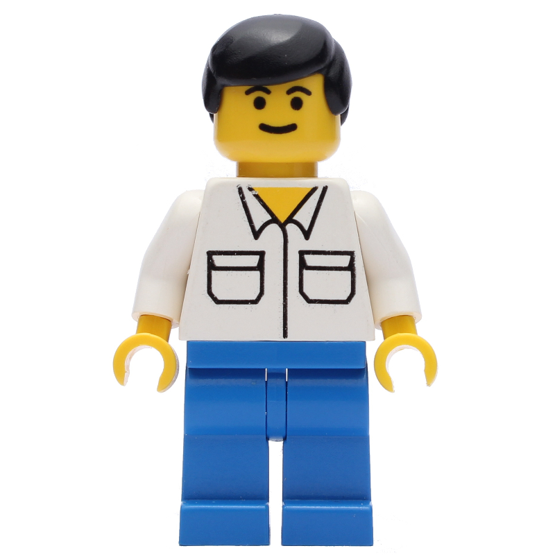 LEGO Man, White Shirt with Pockets, Blue Legs, Black Hair (fig-008675)