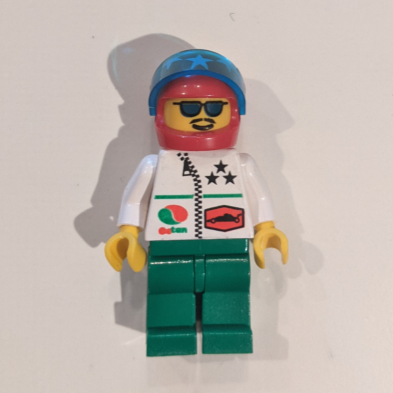 LEGO Racer, White Jacket with Zipper, Red Helmet with Stars and Visor, Blue Sunglasses (fig-008678)