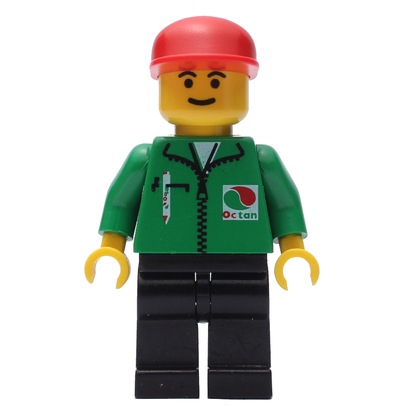 LEGO Man, Green Jacket with Zipper and Octan Logo, Red Cap (fig-008679)