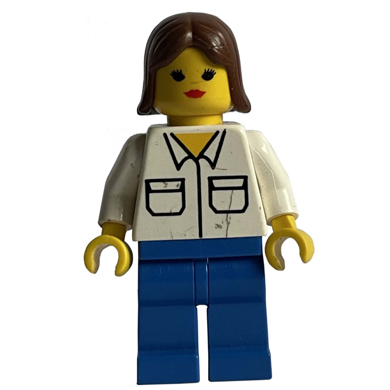 LEGO Woman, White Shirt with Pockets, Blue Legs, Brown Hair (fig-008681)