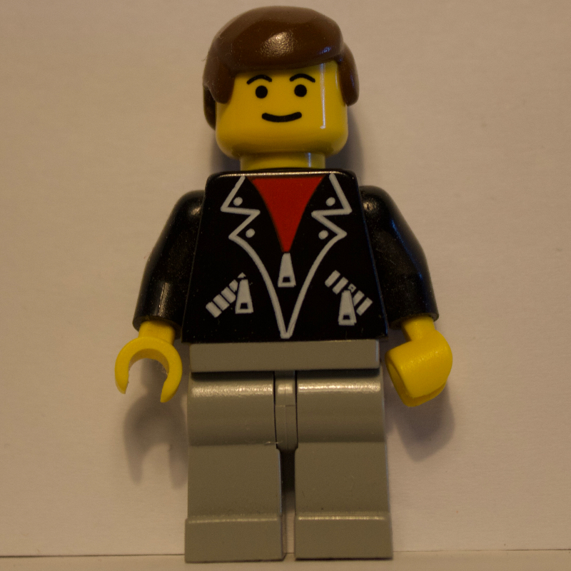 LEGO Man, Open Black Jacket over Red Shirt, Light Gray Legs, Brown Hair (fig-008683)