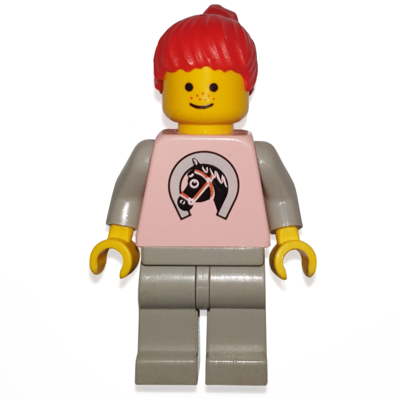 LEGO Woman, Pink Top with Horse, Light Gray Legs, Red Hair (fig-008686)