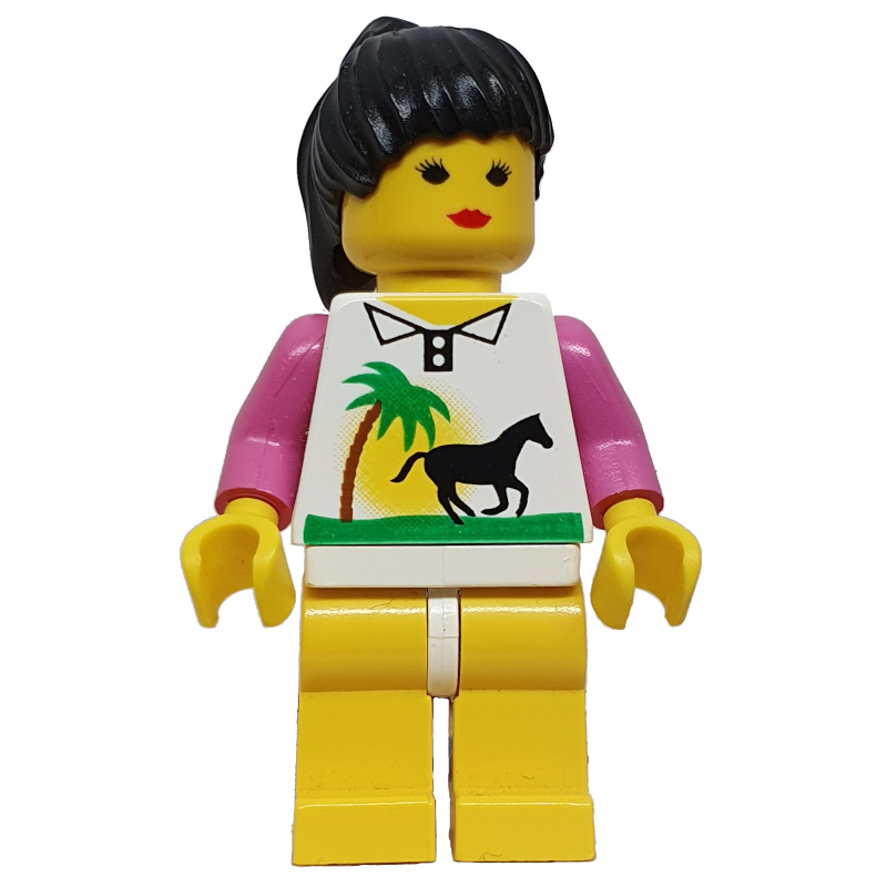 LEGO Woman, White Shirt with Palm Tree and Horse, Yellow Legs, Black Hair (fig-008687)