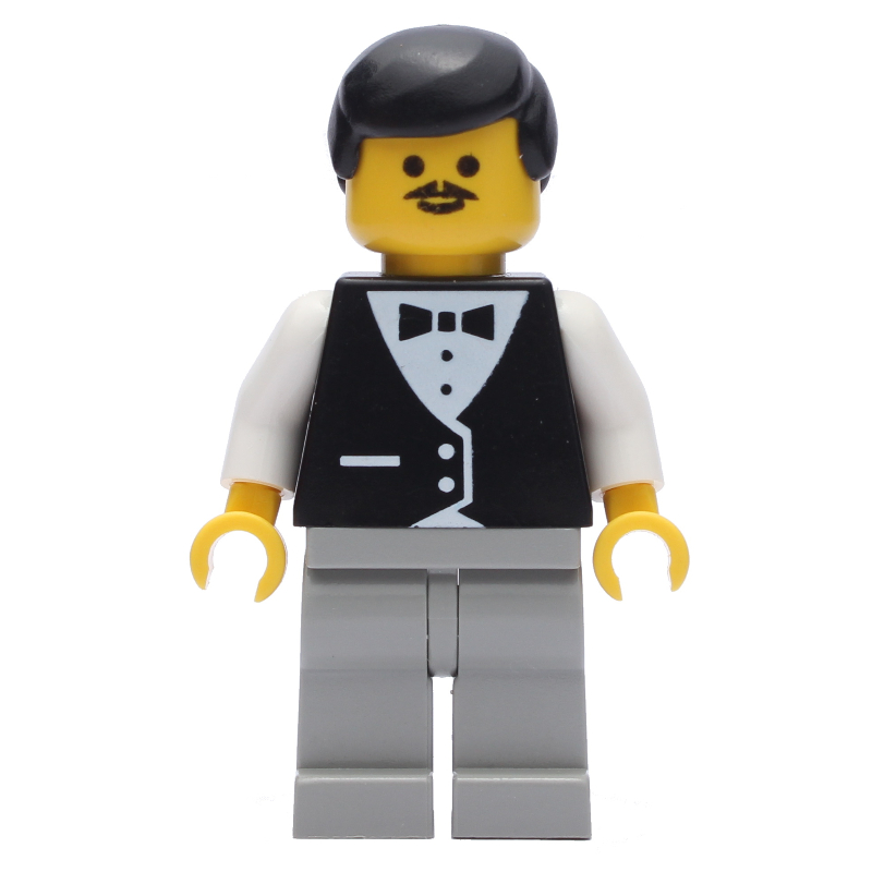 LEGO Waiter, Black Vest over White Shirt with Bow Tie, Light Gray Legs, Black Hair, Moustache (fig-008688)