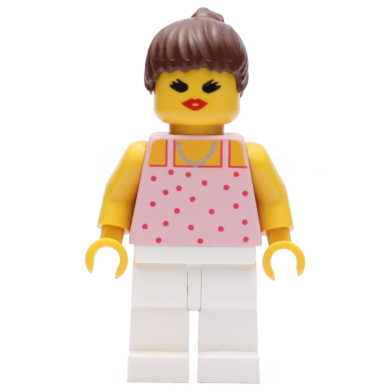 LEGO Woman, Pink Top with Spots, White Legs, Brown Hair - Open Mouth (fig-008689)