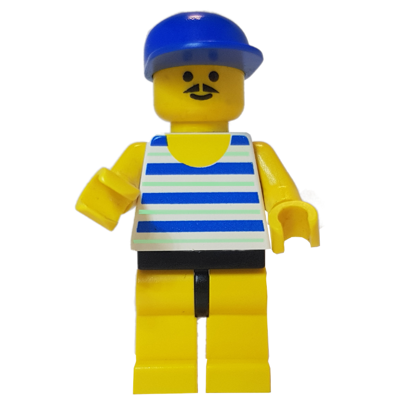 LEGO Man Blue and White Striped Swimsuit, Blue Cap, Moustache (fig-008692)
