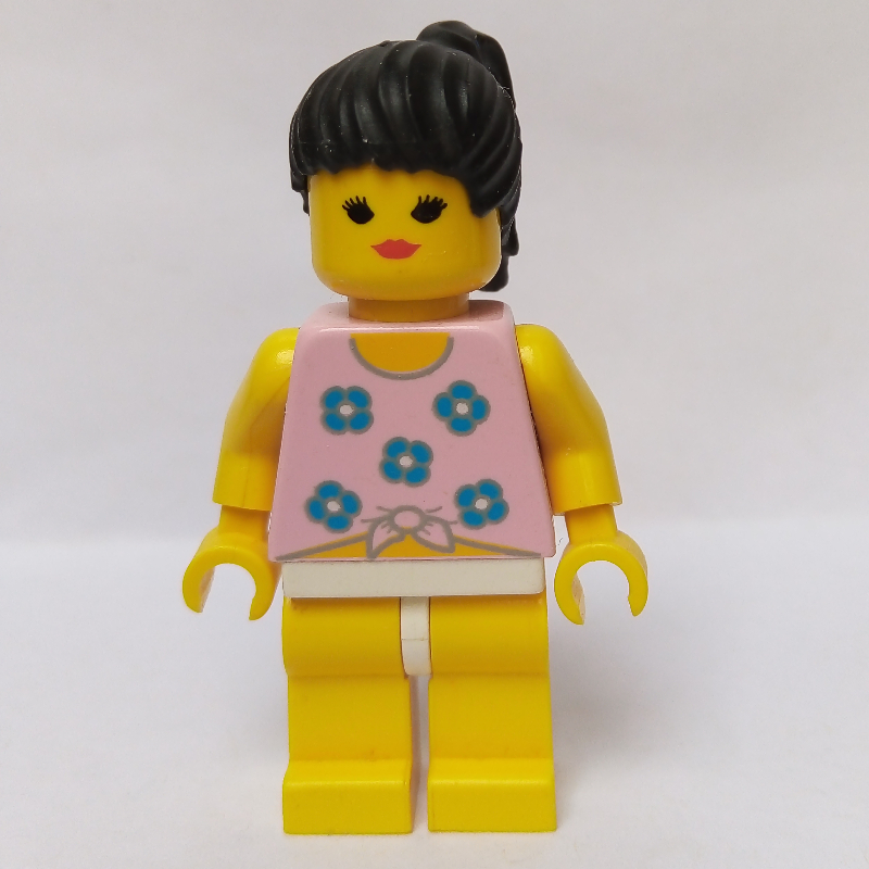 LEGO Woman, Tied Pink Tank Top with Flowers, Yellow Legs, Black Hair (fig-008693)