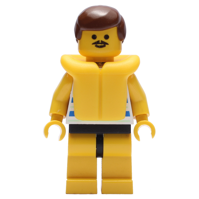 LEGO Man, Blue and White Striped Swimsuit, Brown Hair, Yellow Life Vest, Moustache (fig-008694)