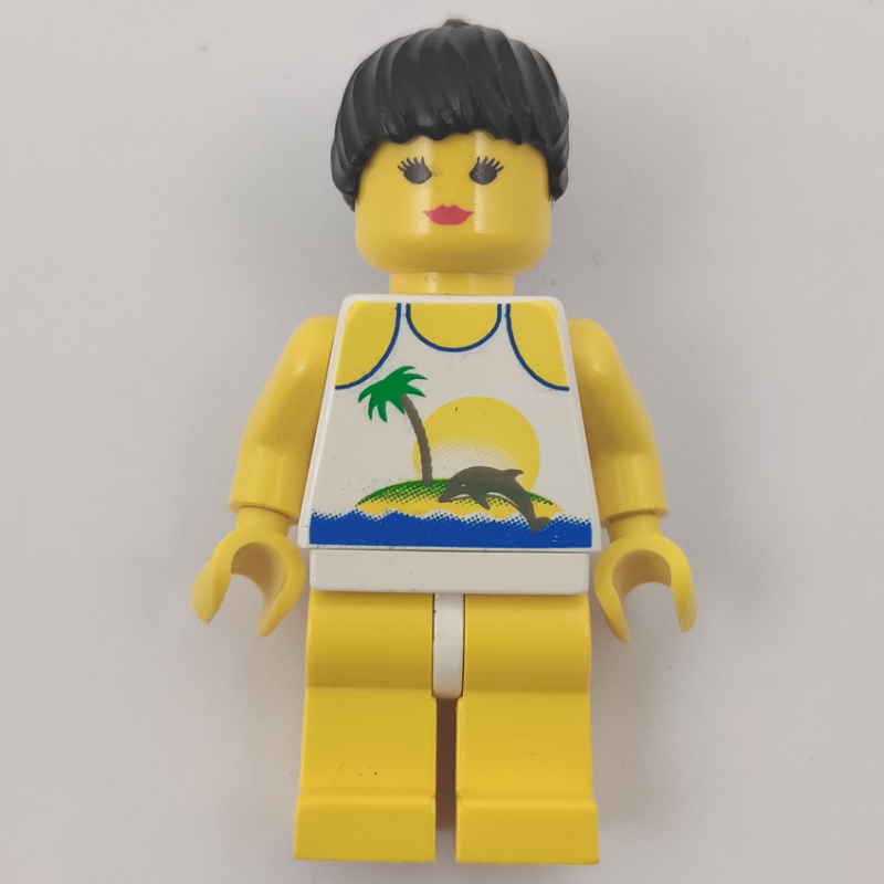 LEGO Woman, White Swimsuit with Desert Island and Dolphin, Black Hair (fig-008696)