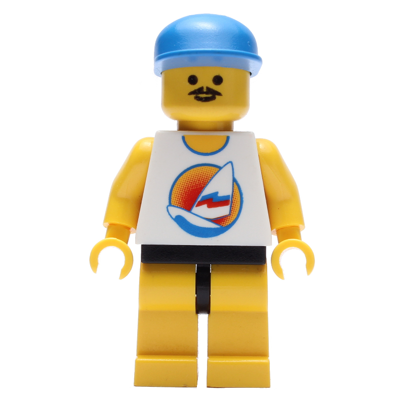 LEGO Man, White Tank Top with Windsurfer, Yellow Legs, Blue Cap, Moustache (fig-008697)