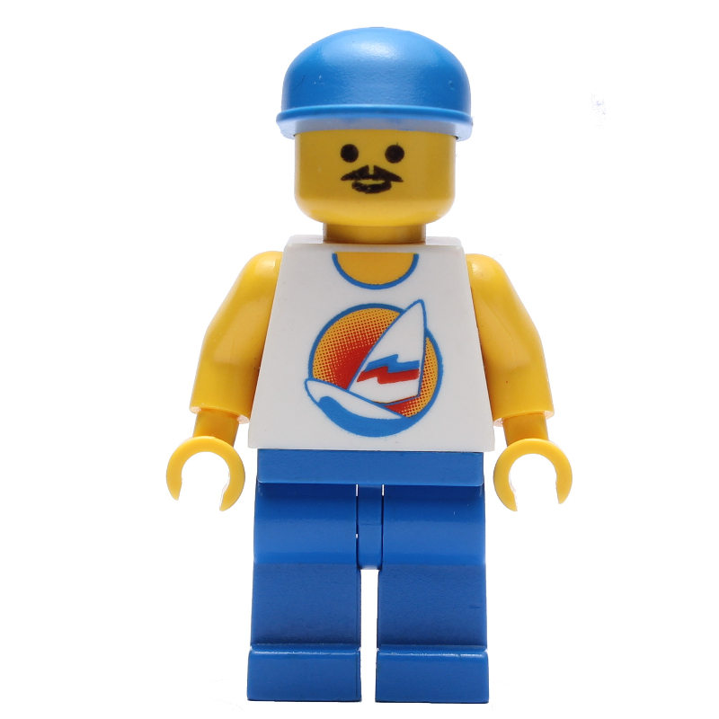 LEGO Man, White Tank Top with Windsurfer, Blue Legs, Blue Cap, Moustache (fig-008698)