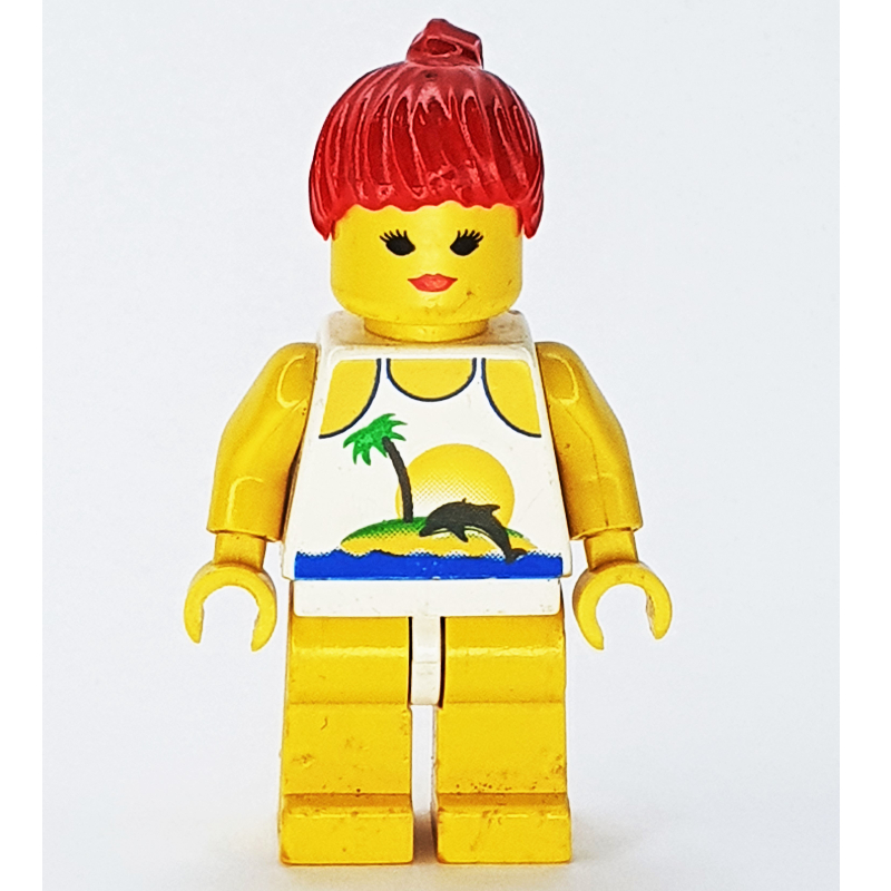 LEGO Woman, White Swimsuit with Desert Island and Dolphin, Red Hair (fig-008699)