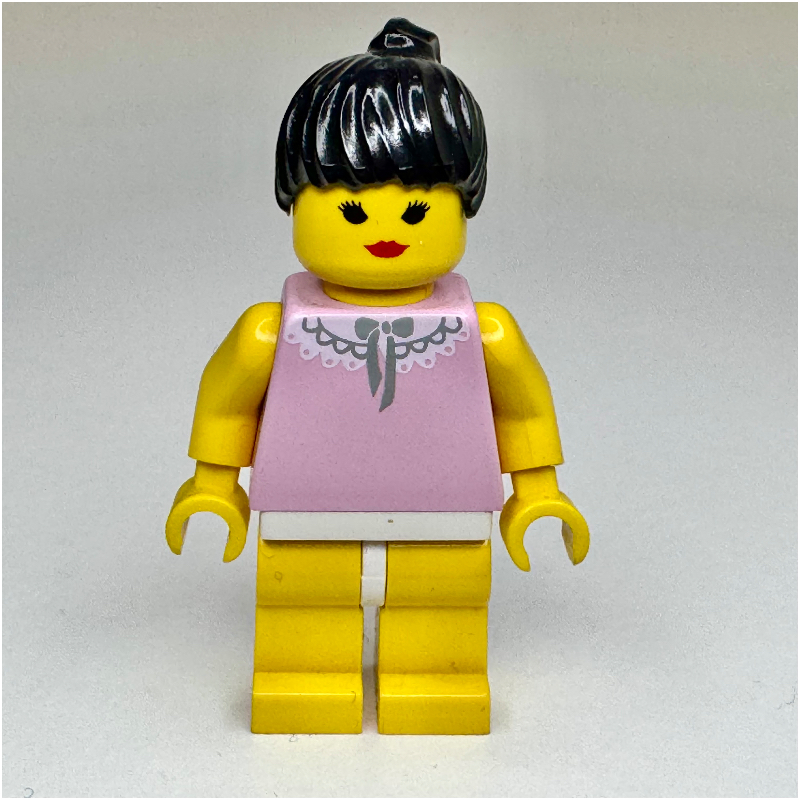 LEGO Woman, Pink Top with Lace Collar, Yellow Legs, Black Hair (fig-008700)