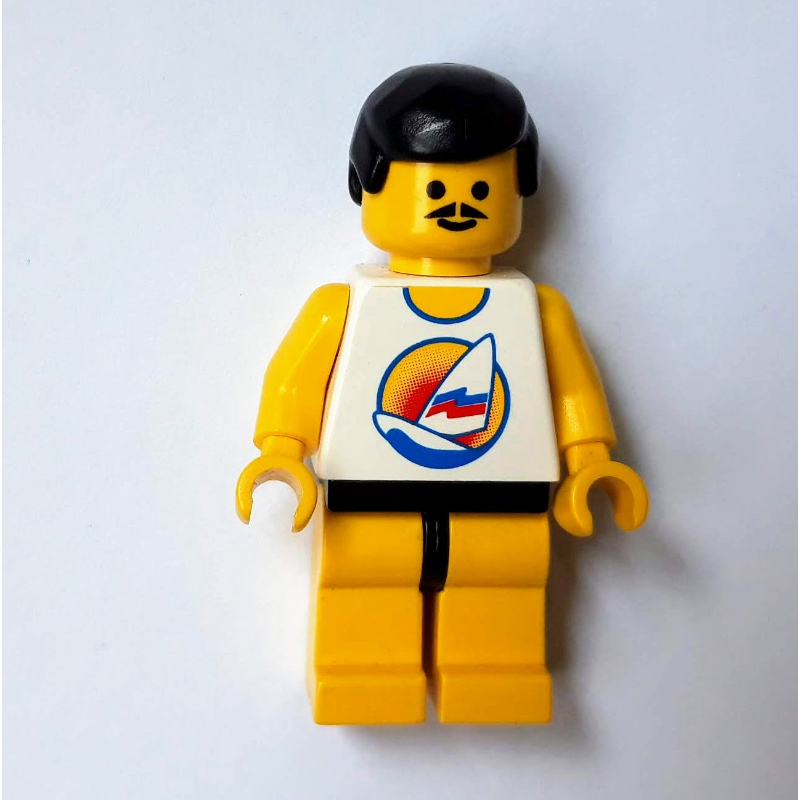 LEGO Man, White Tank Top with Windsurfer, Yellow Legs, Black Hair, Moustache (fig-008702)