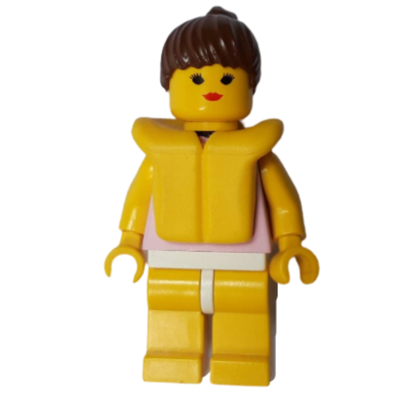 LEGO Woman, Pink Swimsuit with Lace Collar, Yellow Life Vest, Brown Hair (fig-008703)