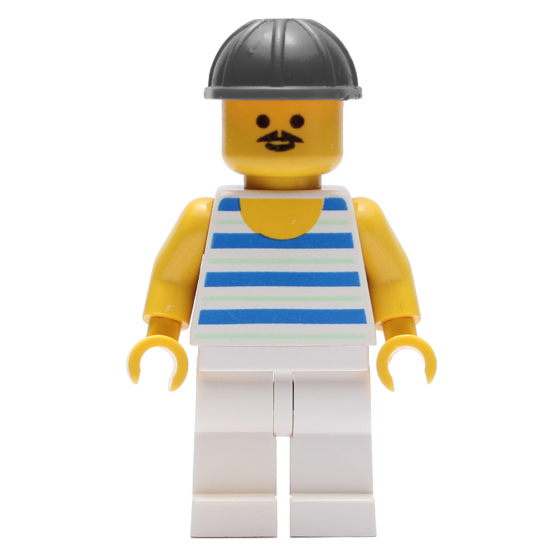 LEGO Man, Blue and White Striped Tank Top, Black Hard Hat, Moustache (fig-008705)