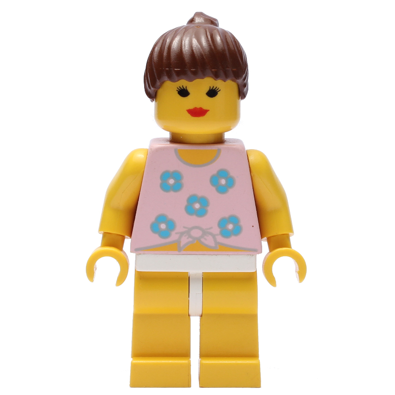 LEGO Woman, Tied Pink Tank Top with Flowers, Yellow Legs, Brown Hair (fig-008706)
