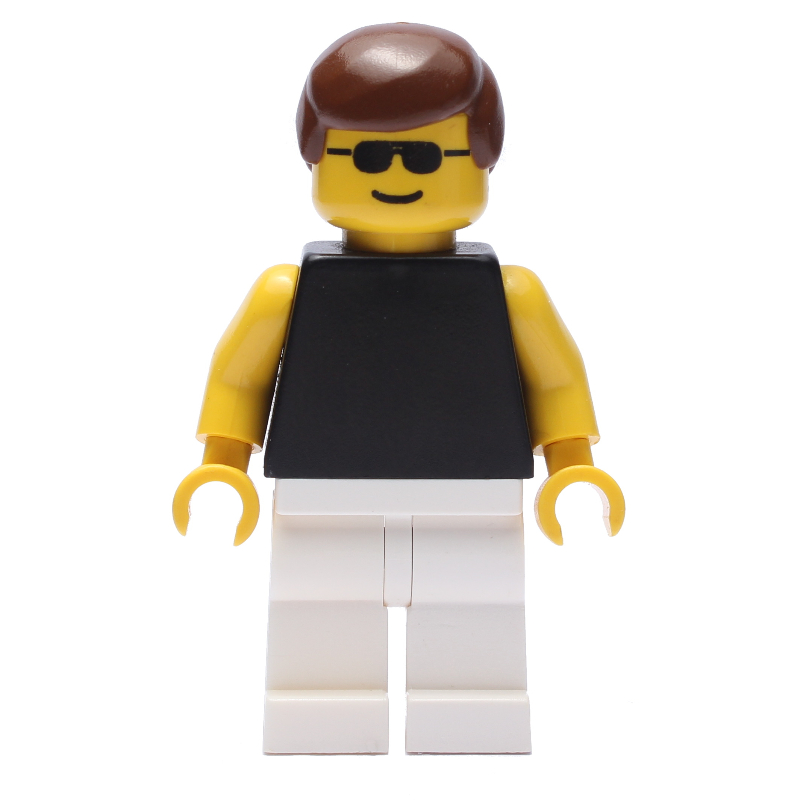 LEGO Man, Black Torso with Yellow Arms, White Legs, Brown Hair, Sunglasses (fig-008707)