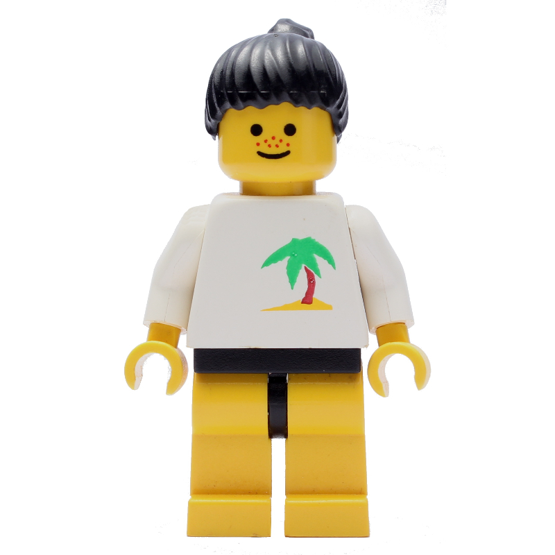 LEGO Woman, White Top with Desert Island, Yellow Legs, Black Hair (fig-008708)