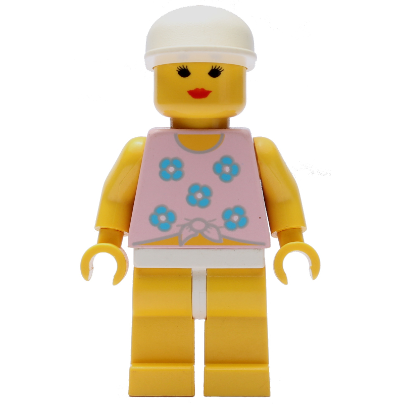 LEGO Woman, Tied Pink Tank Top with Flowers, Yellow Legs, White Cap (fig-008710)