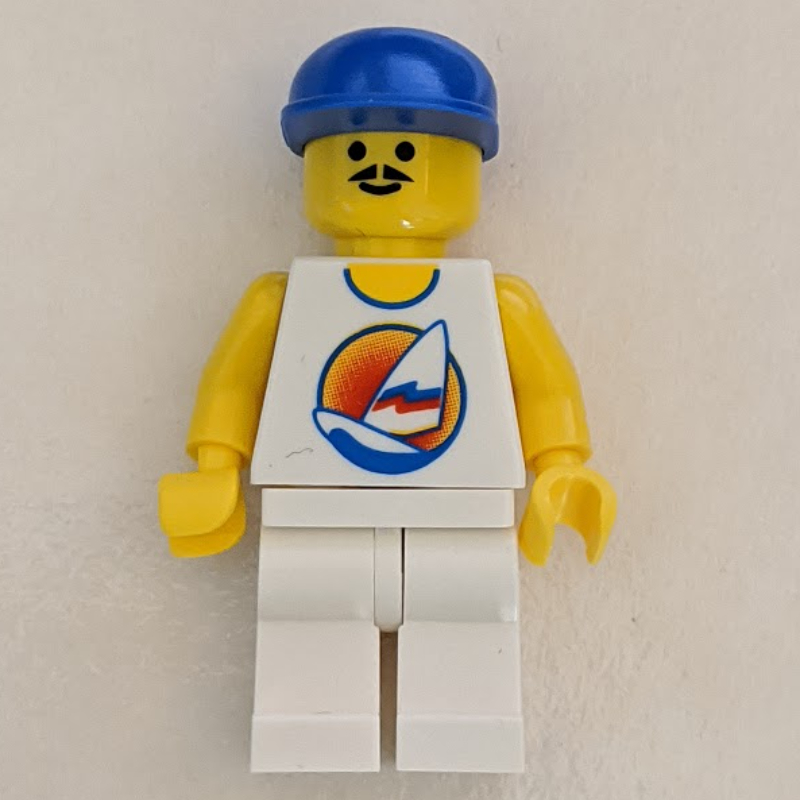 LEGO Man, White Tank Top with Windsurfer, White Legs, Blue Cap, Moustache (fig-008711)