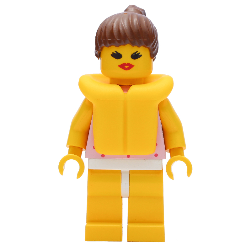 LEGO Woman, Pink Top with Spots, Yellow Legs, Brown Hair, Yellow Life Vest (fig-008712)