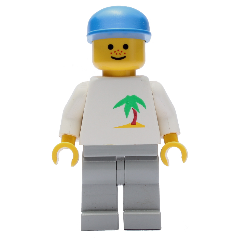 LEGO Man, White Top with Desert Island, Light Gray Legs, Blue Cap (fig-008713)