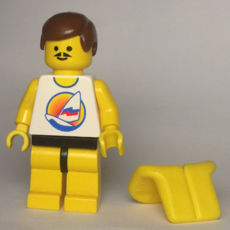 LEGO Man, White Tank Top with Windsurfer, Yellow Legs, Brown Hair, Moustache (fig-008714)