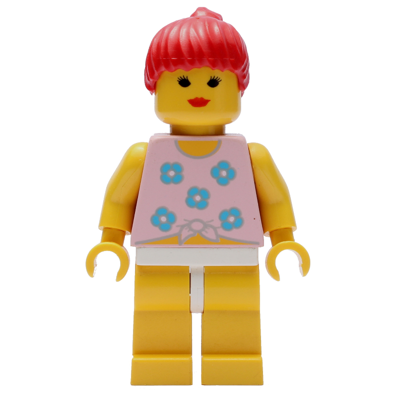 LEGO Woman, Tied Pink Tank Top with Flowers, Yellow Legs, Red Hair (fig-008716)
