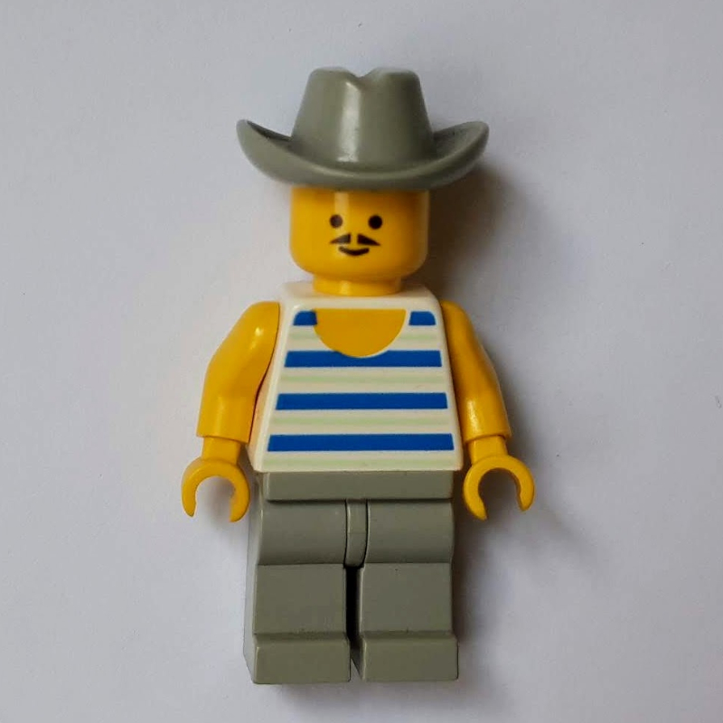 LEGO Man, Blue and White Striped Tank Top, Light Gray Cowboy Hat, Moustache (fig-008717)