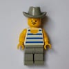 Man, Blue and White Striped Tank Top, Light Gray Cowboy Hat, Moustache