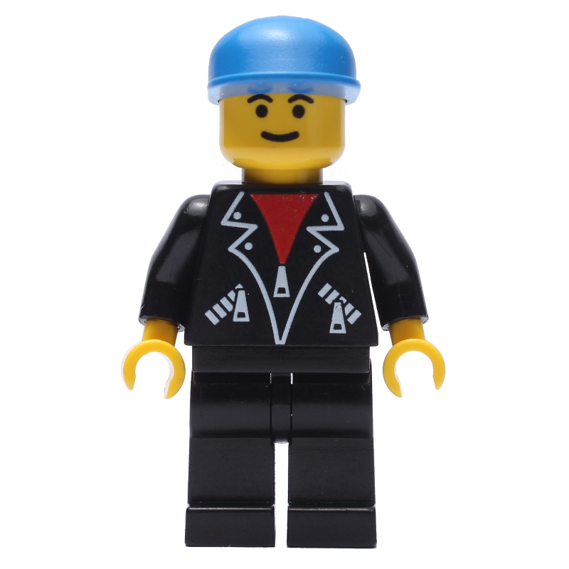 LEGO Man, Open Black Jacket over Red Shirt, Black Legs, Blue Cap (fig-008721)