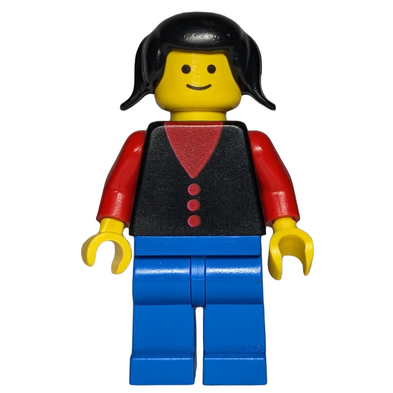 LEGO Woman, Black Vest over Red Top, Blue Legs, Black Hair (fig-008722)