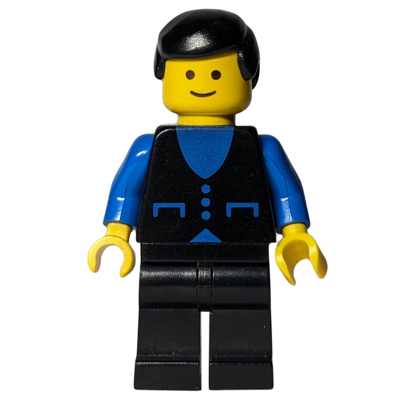 LEGO Man, Black Vest over Blue Shirt, Black Legs, Black Hair (fig-008724)