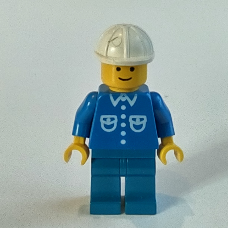 LEGO Man, Blue Shirt with Buttons and Pockets, Blue Legs, White Hard Hat (fig-008729)