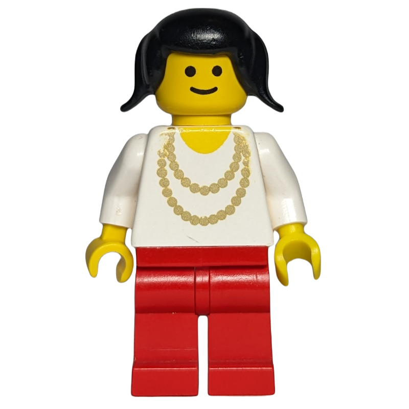 LEGO Woman, White Shirt with Gold Necklace, Red Legs, Black Hair (fig-008733)