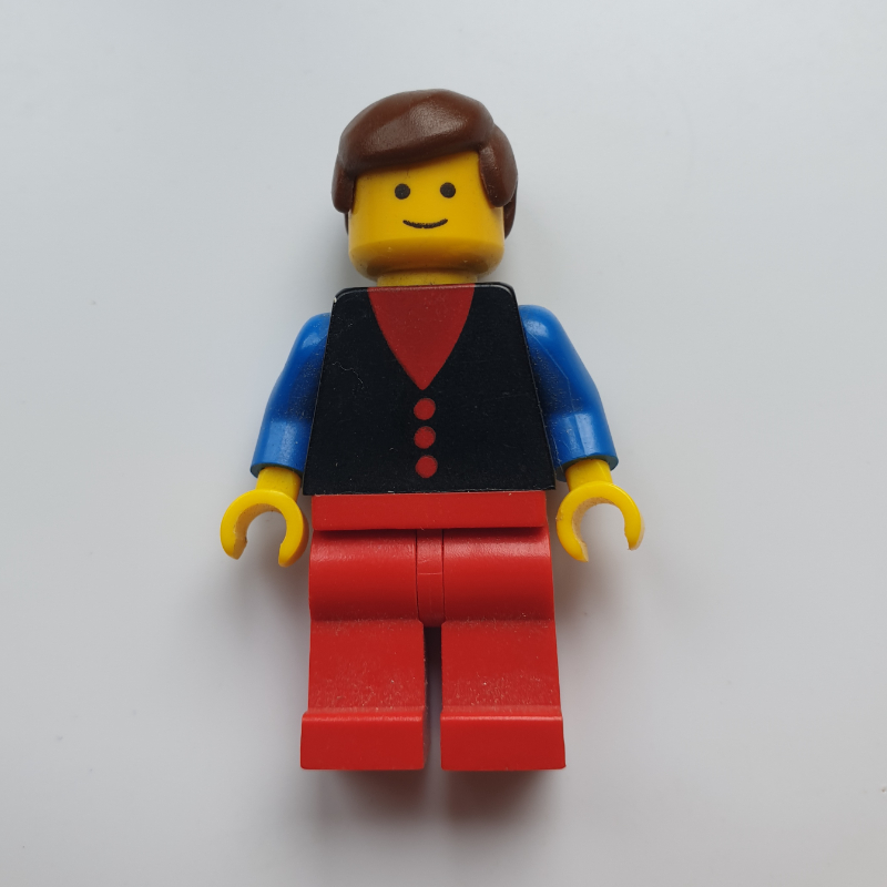LEGO Man, Black Vest over Red Shirt, Red Legs, Brown Hair (fig-008735)