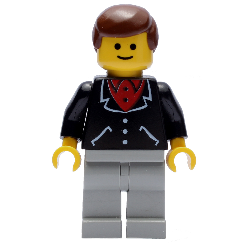 LEGO Man, Black Jacket over Red Shirt, Light Gray Legs, Brown Hair (3626a Head) (fig-008737)